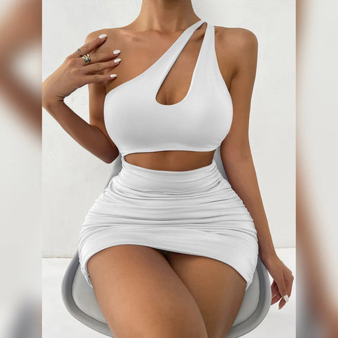 Sexy One Shoulder Hollow Out Mini Dress Women Sleeveless Backless Party Nightclub Outfit